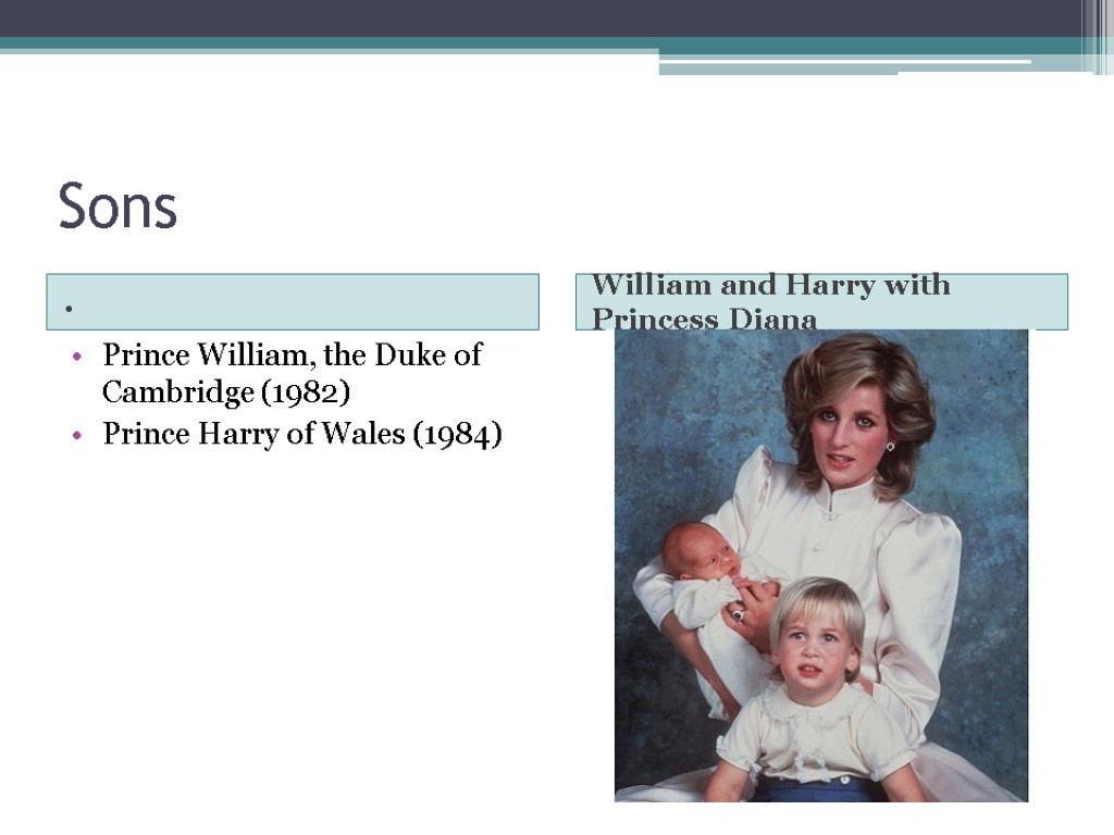 Sons . William and Harry with Princess Diana Prince William, the Duke of Cambridge